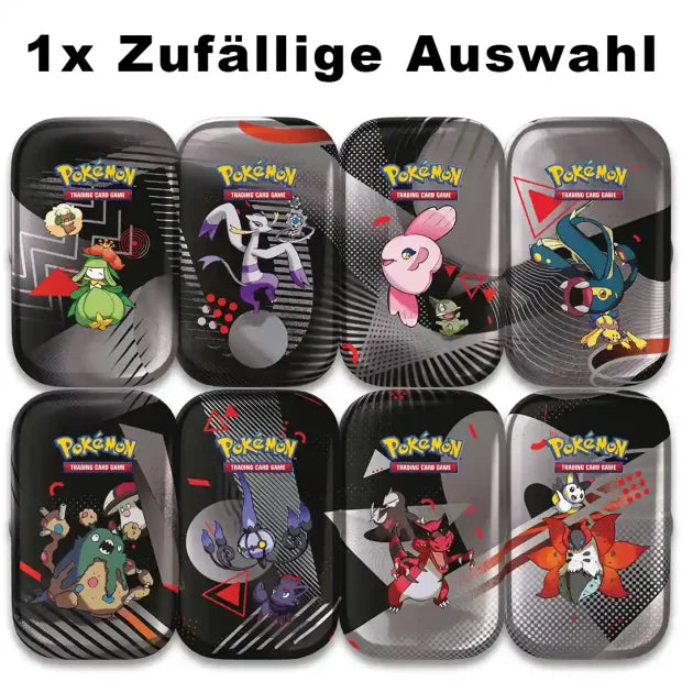 Acht Pokémon-Mini-Tins mit Hinweis auf eine zufällige Auswahl
