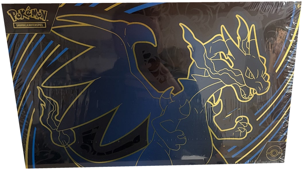 Schwarze Pokémon-Box mit goldenen Glurak-Umrissen