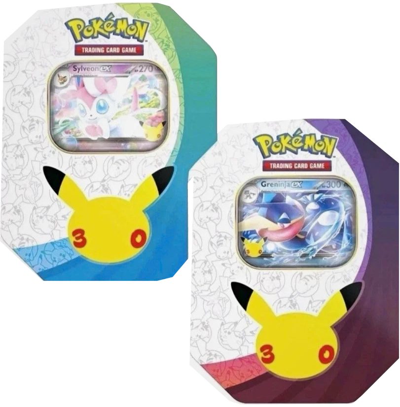 Zwei Pokémon-Tin-Verpackungen mit Pikachu-Jubiläumslogo