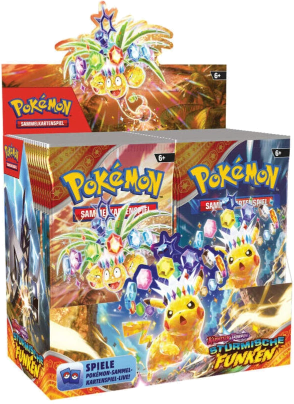 Pokémon Stürmische Funken Boosterdisplay auf weißem Hintergrund