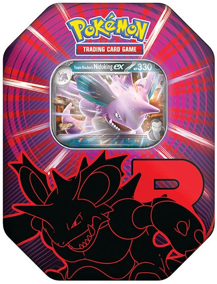 Pokémon-Team-Rocket-Tin mit sichtbarer Promokarte